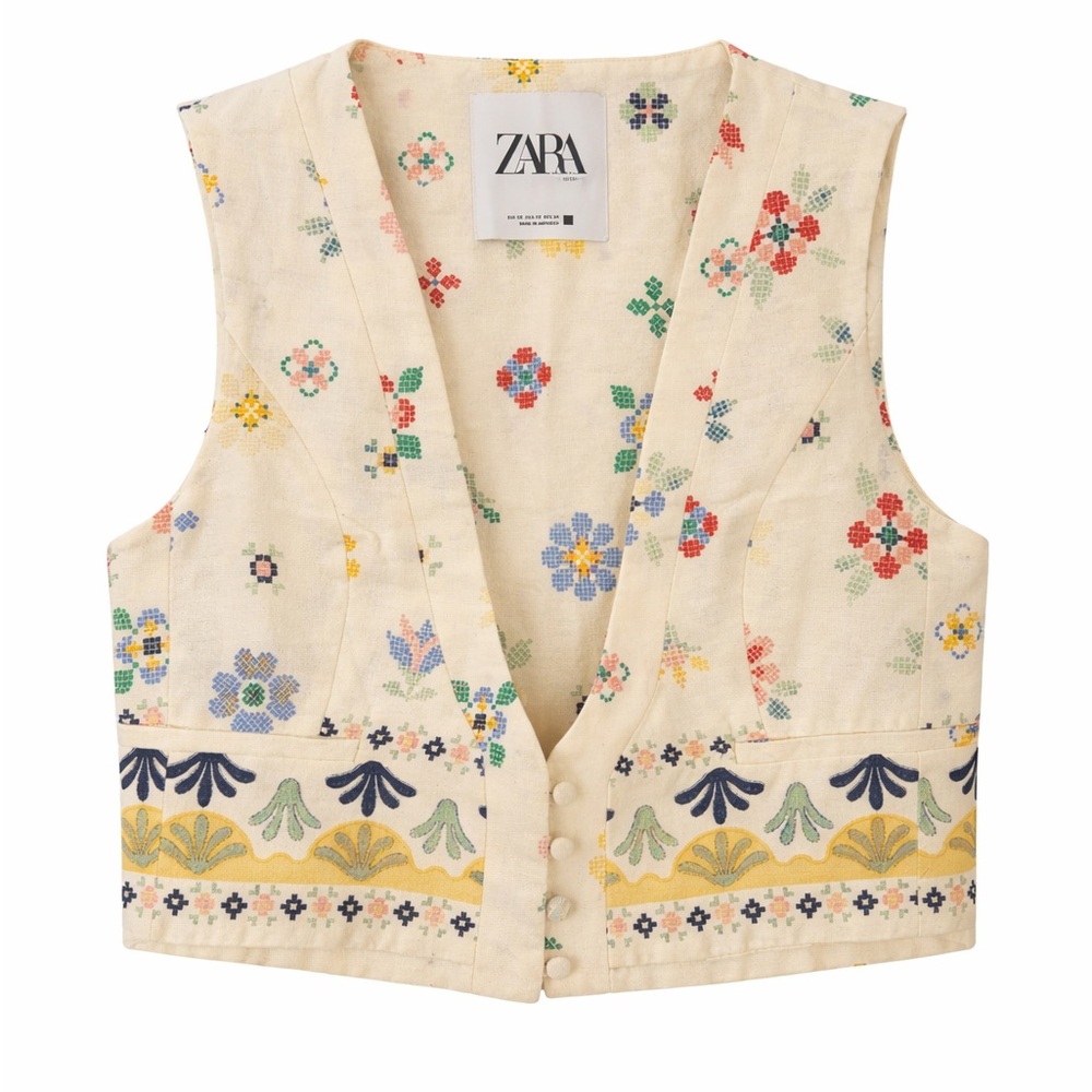 Zara Cream Cross-Stitch Floral Button-Up Top vest Multicolor Motifs embroidered